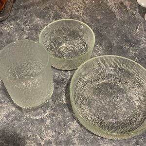 3 pieces of Jeanette Glass Finlandia. Two bowls and footed tumbler/ vase